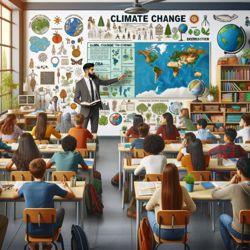 image of a diverse classroom where a teacher is instructing on climate change. The scene sh